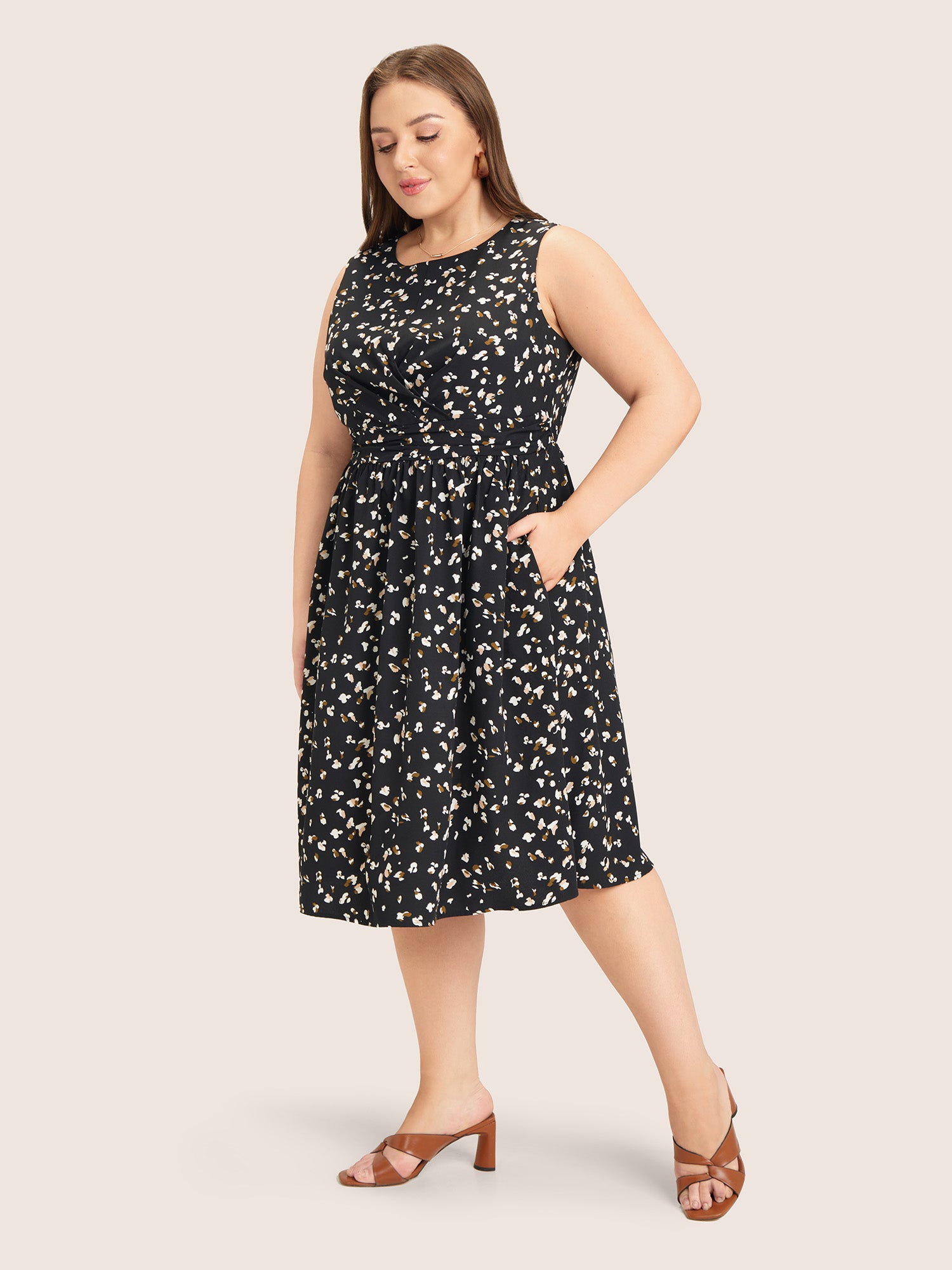 Allover Print Pocket Flutter Crossover Ruched Tank Dress