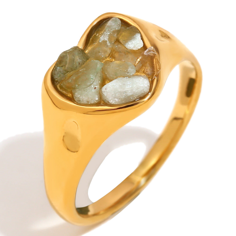 Retro Fashion Hand Jewelry Stainless Steel Plated 18K Gold Starfish Shell Gemstone Love Heart Open Ring