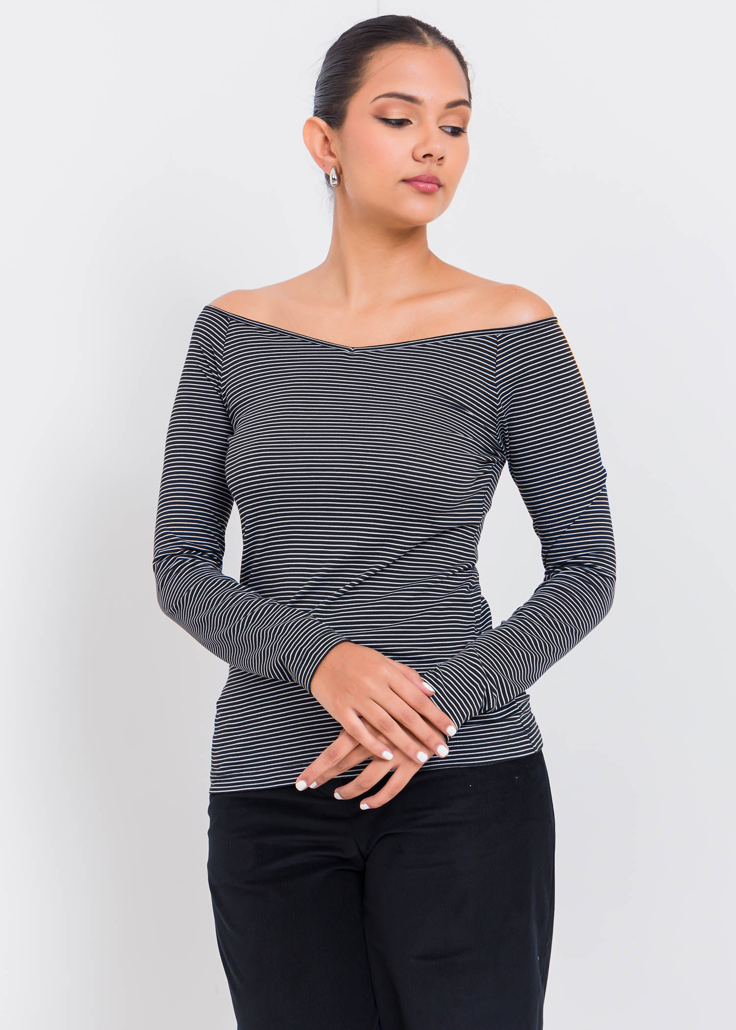 Wide Neck Long Sleeve T Shirt