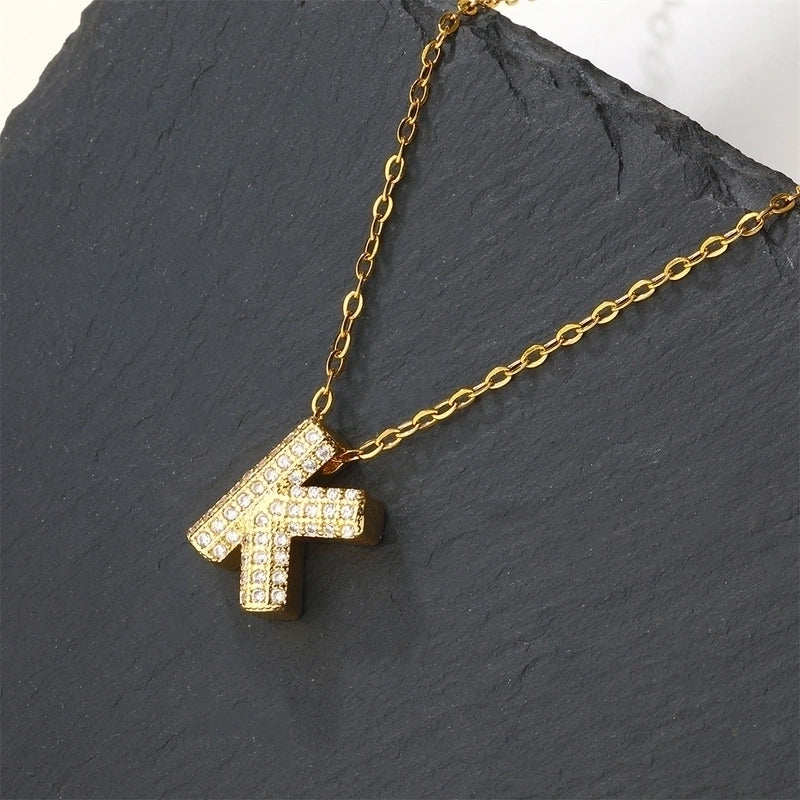 Copper 18K Gold Plated Casual Minimalist Inlay Letter Zircon Pendant Necklace