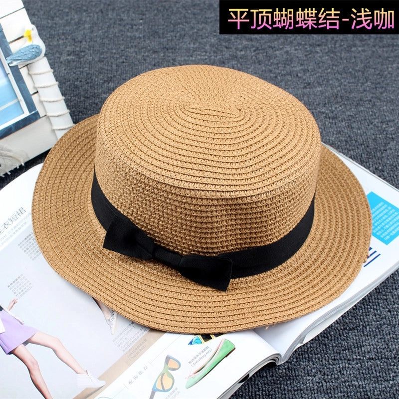 Straw Hat Sun Hat Trendy Women Summer Bow Straw Flat Top Hat