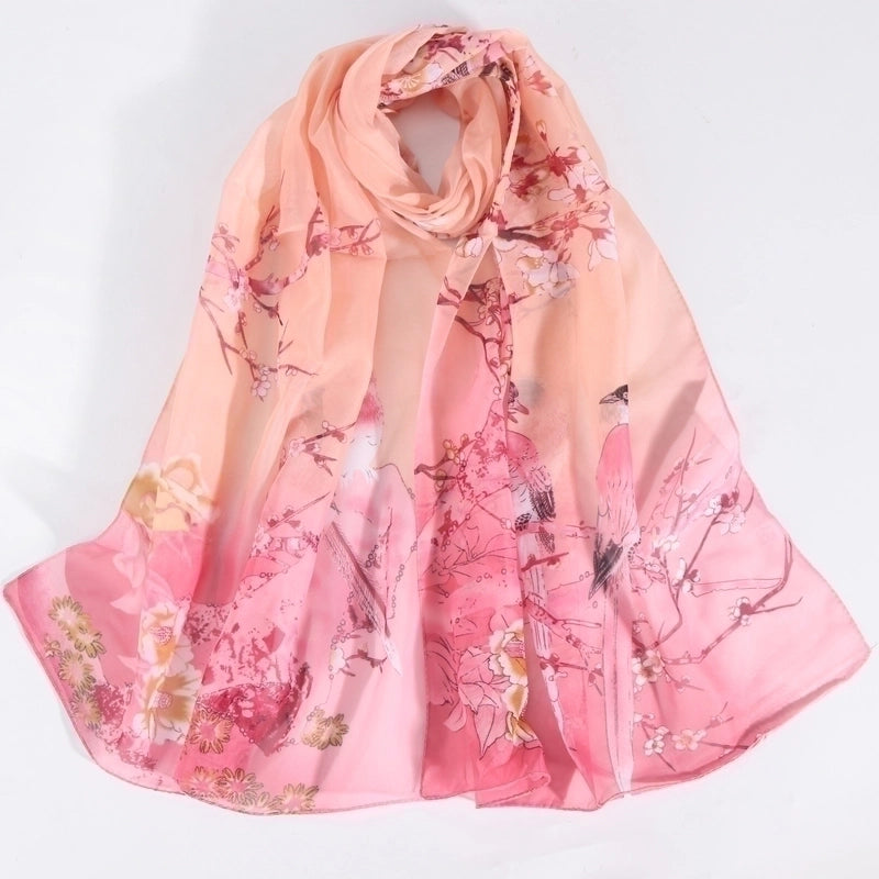 Women's Elegant Minimalist Flower Bird Polyester Printing Silk Scarf