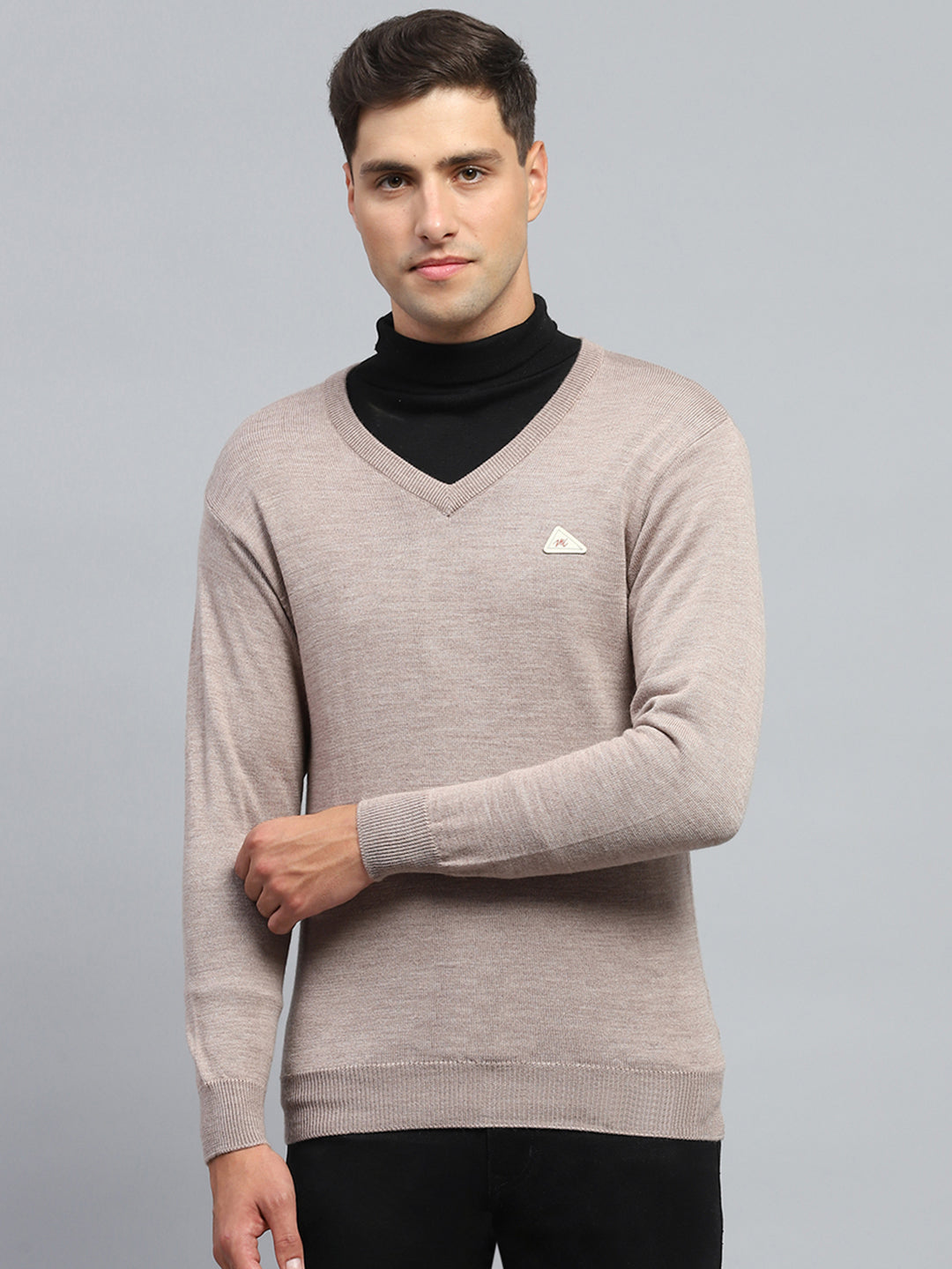 Men Beige Solid V Neck Full Sleeve Pullover