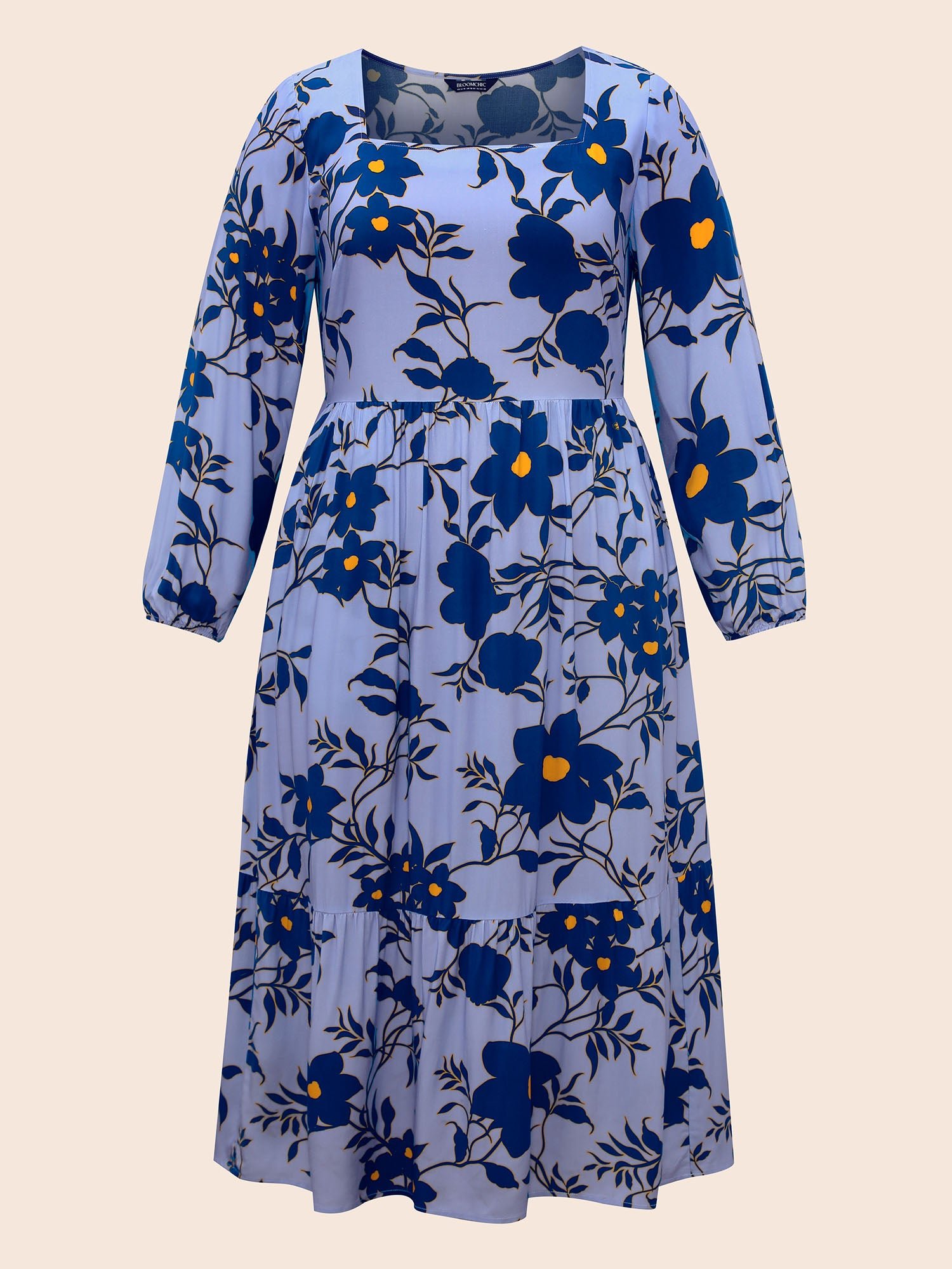 Square Neck Floral Patchwork Ruffle Hem Dress