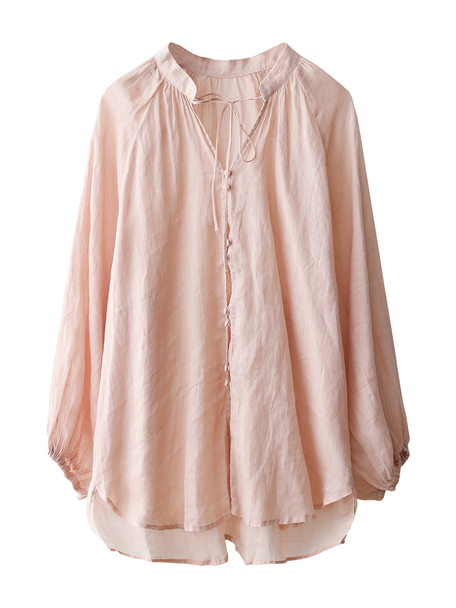 Women Summer Artsy Pure Color V-Neck 100%Ramie Shirt
