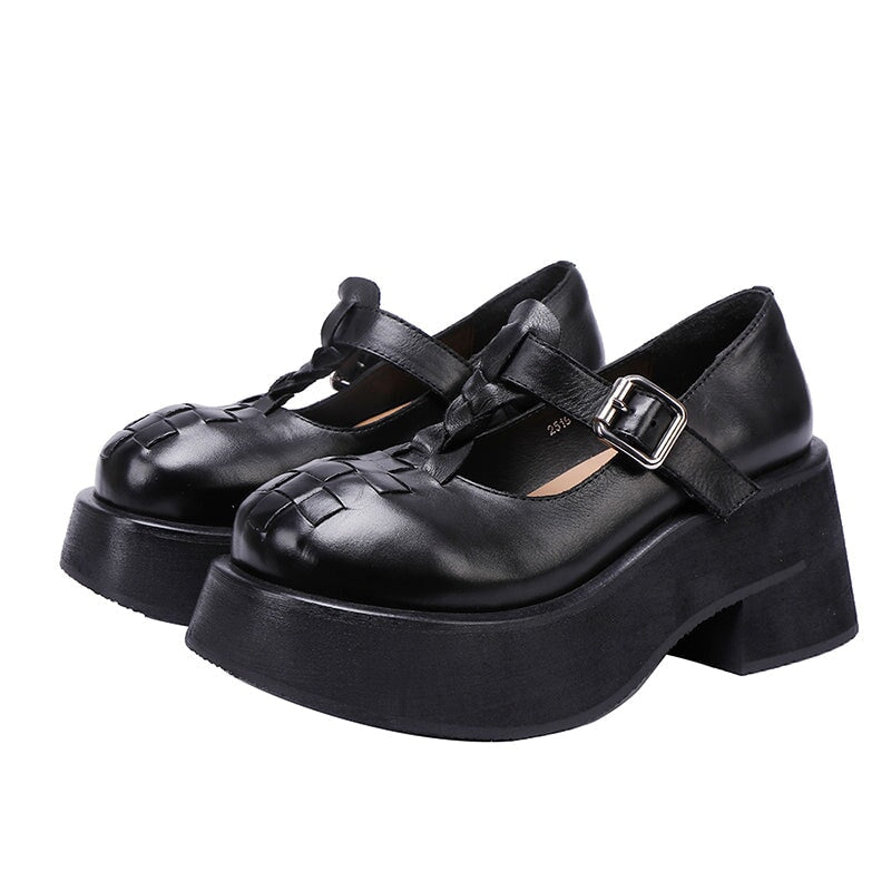 Woven T-Strap 52mm Washed Cowhide Platform Mary Jane Shoes in Black/Pink Purple