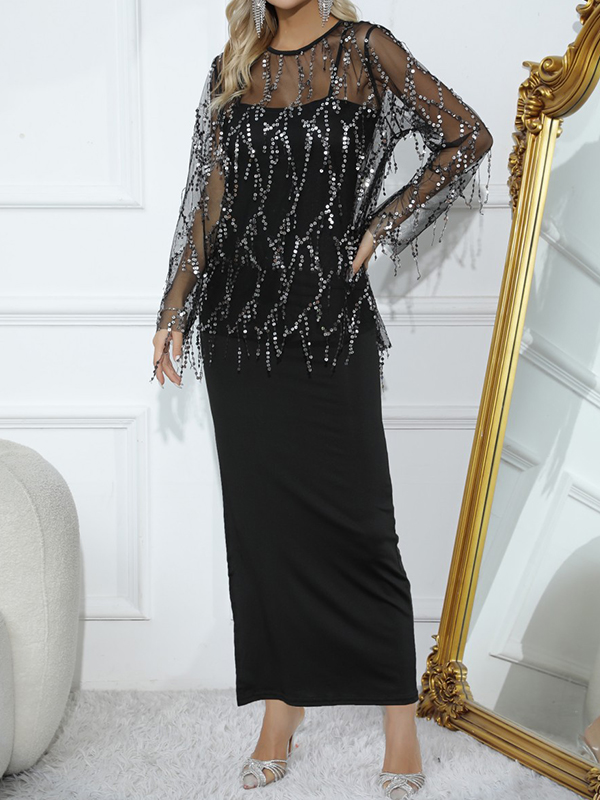 Loose Split-Side Midi Dress + Gauze See-Through Sequined Top Two Pieces Midi Dress