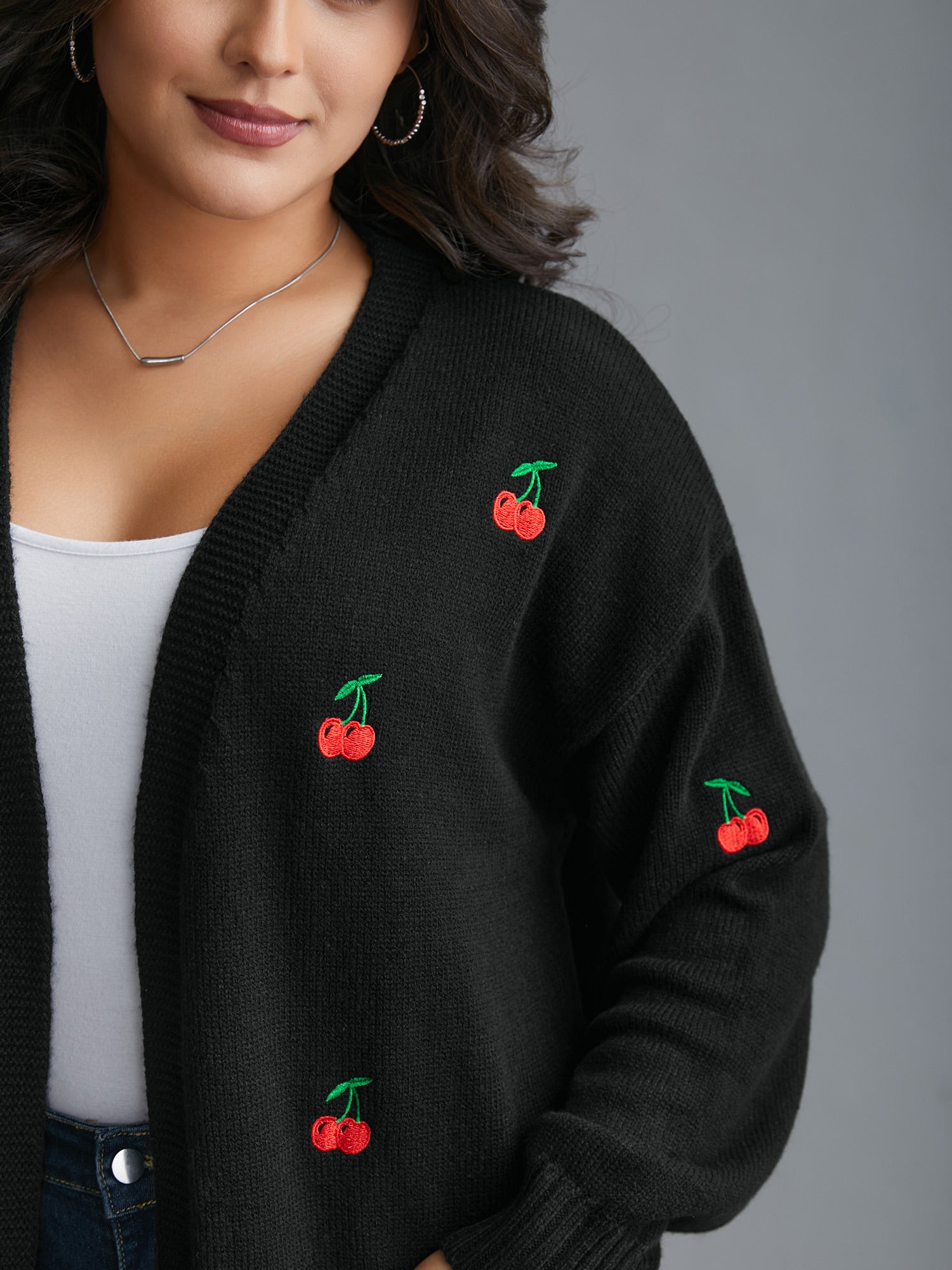Textured Cherry Embroidery Pocket Pullover