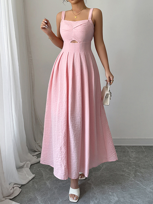 A-line High Waisted Backless Hollow Pleated Solid Color Zipper Spaghetti-Neck Midi Dresses