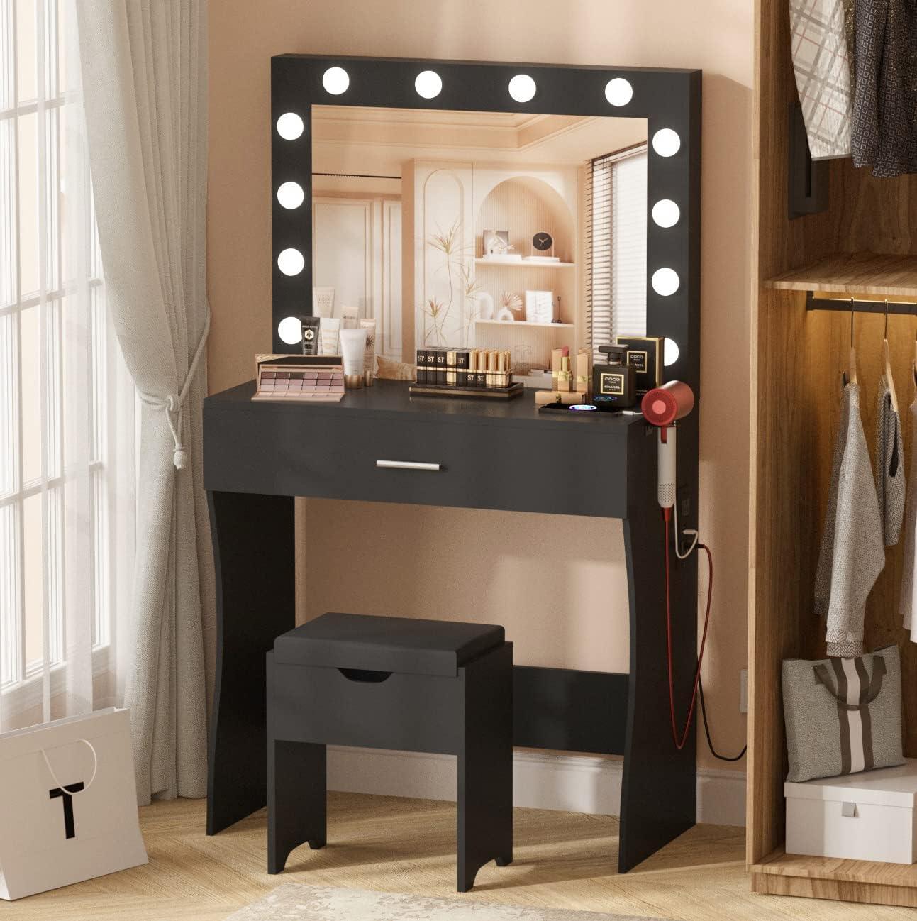 Vanity Table Set with Lighted Mirror - Makeup Vanity with Charging Station