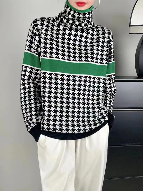 Long Sleeves Loose Contrast Color Houndstooth Split-Joint High Neck Pullovers Sweater Tops