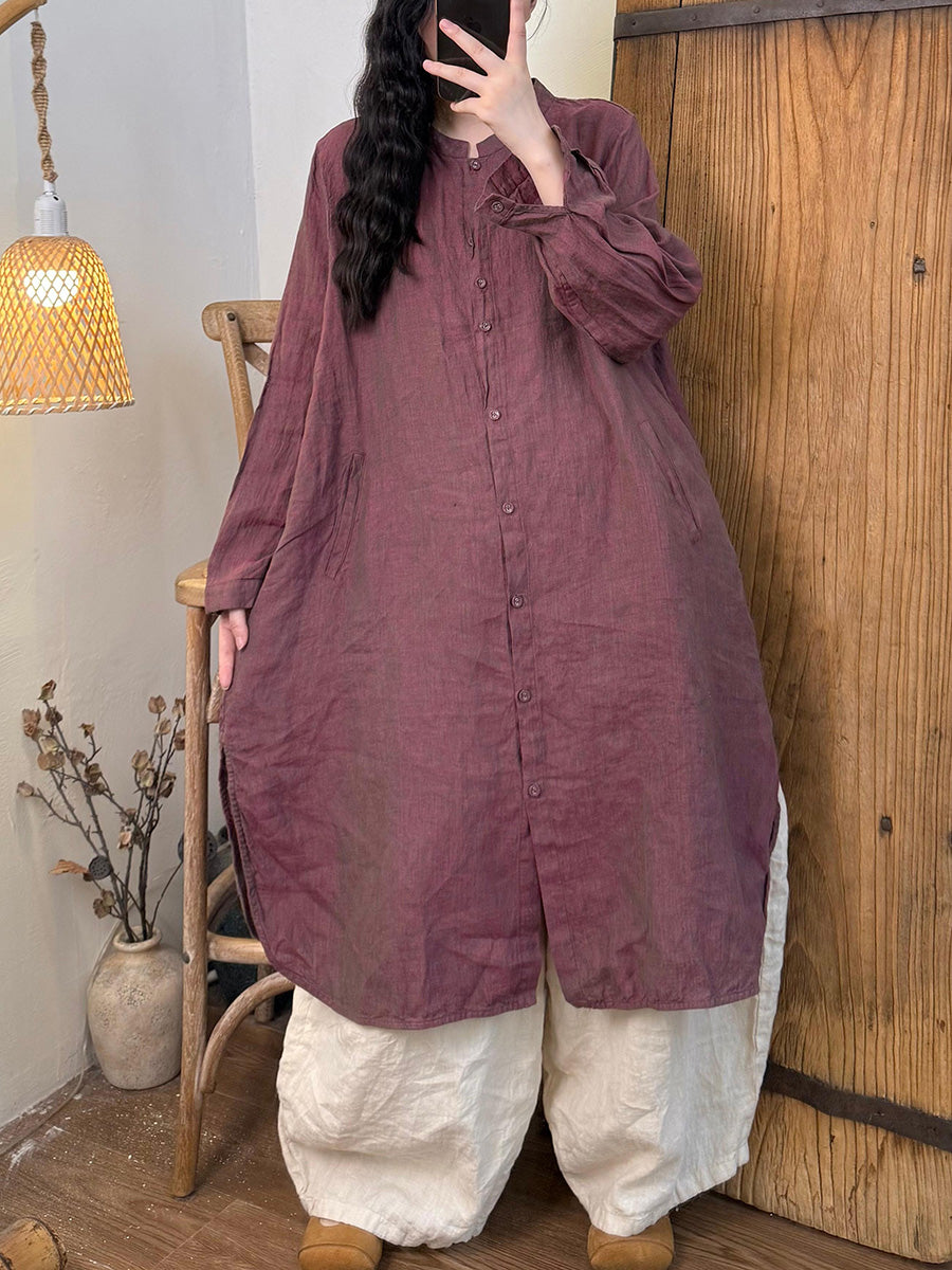Women Summer Retro Pure Color Stand Collar Linen Long Shirt