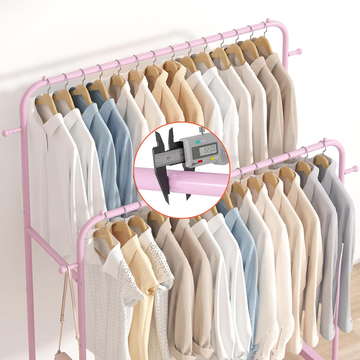 Laiensia Double Rods Garment Rack with Wheels, Clothing Rack for Hanging Clothes,4 Hooks, Multi-functional Bedroom Clothes Rack, Black