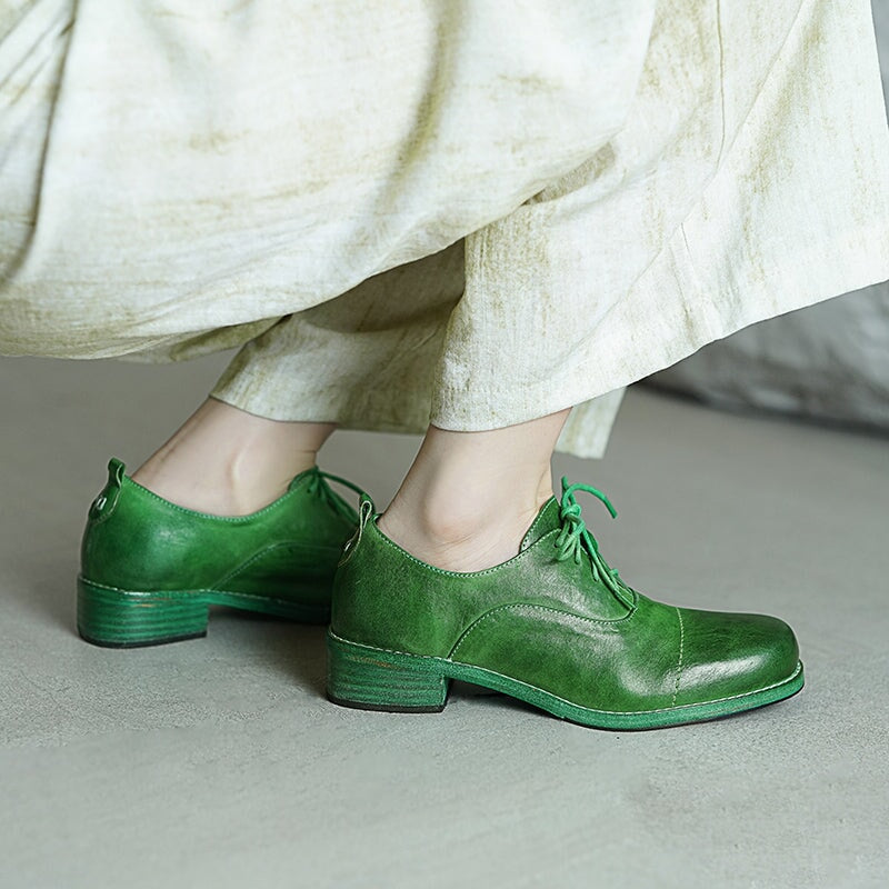Vintage Lace-Up Derby Oxford Shoes Block Heel Leather Casual Footwear in Black/Green/Grey (better suited for thin feet)