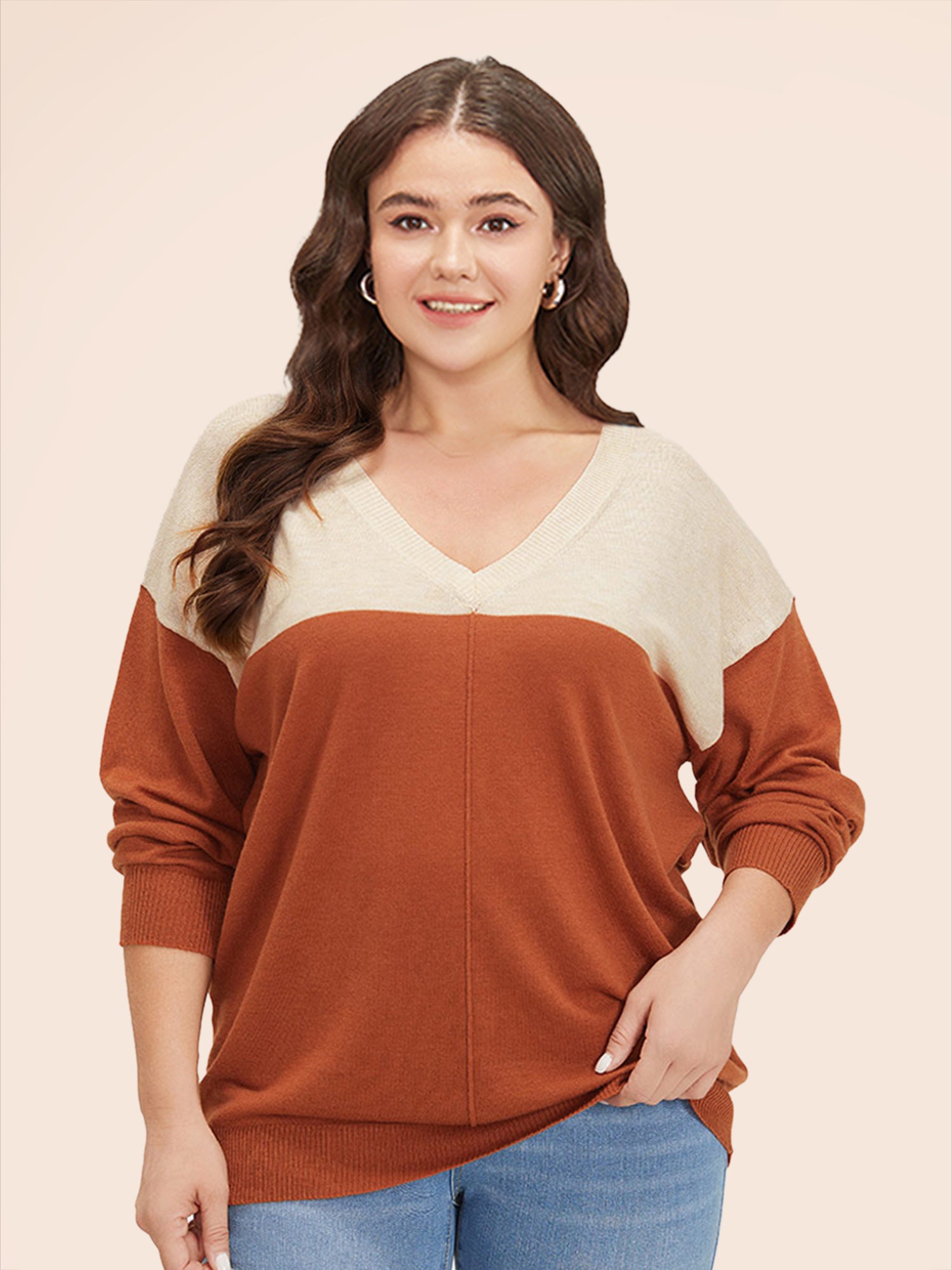 Supersoft Essentials Colorblock Two Tone Patchwork V Neck Pullover