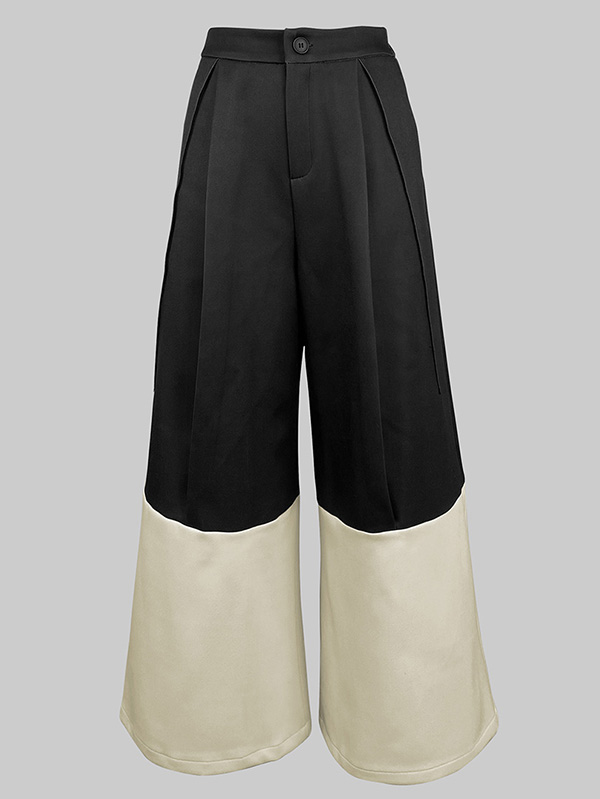 High Waisted Loose Contrast Color No Belt Pleated Pockets Pants Trousers