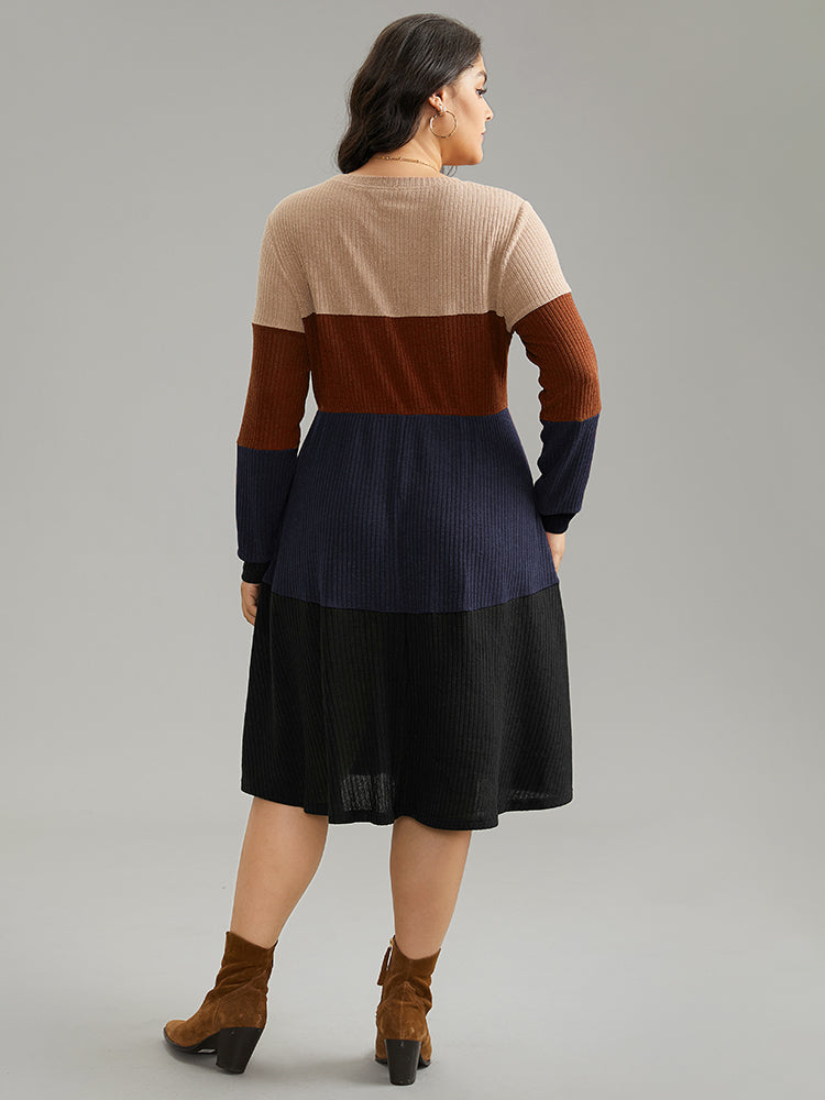 Colorblock Rib Knit Pocket Patchwork Dress