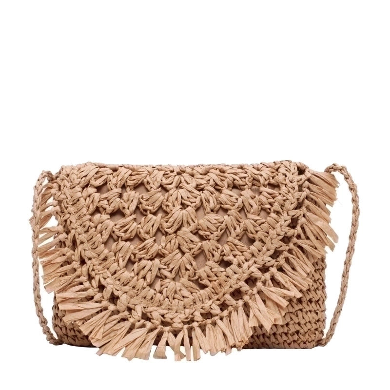 Women's Small Straw Solid Color Beach Weave Zipper Straw Bag