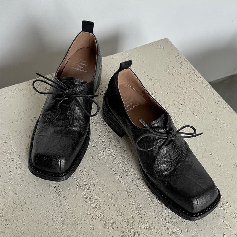 Handmade Wrinkled Sheepskin Block Heel Oxford Shoes in Black/Brown