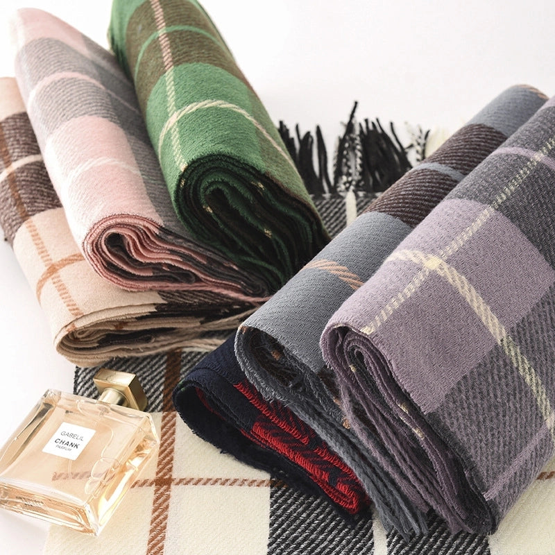 Women's Retro British Style Plaid Imitation Cashmere Tassel Scarf