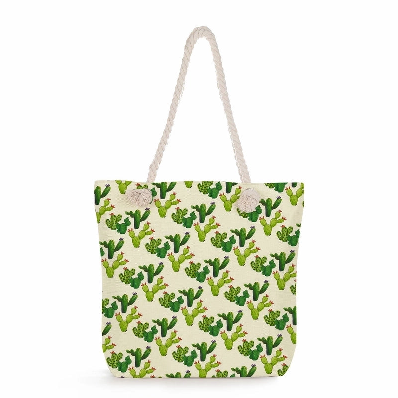 Women's Medium Linen Cactus Vacation Classic Style Square Zipper Tote Bag Beach Bag