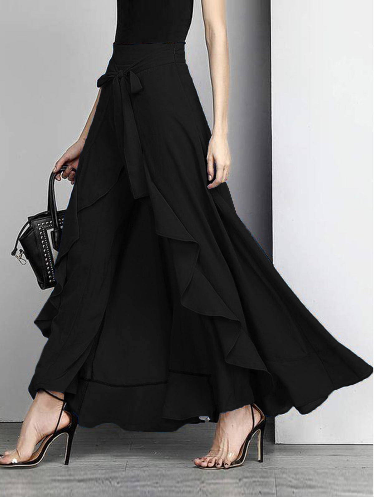 Elegant Grey Waist Spliced Ruffle Hem Straight Leg Skirt