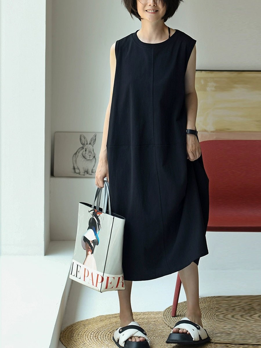Women Summer Pure Color O-Neck 100%Cotton Vest Dress