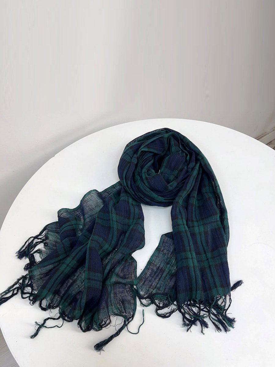 Women Vintage Colorblock Stripe Tassel Cotton Linen Scarf