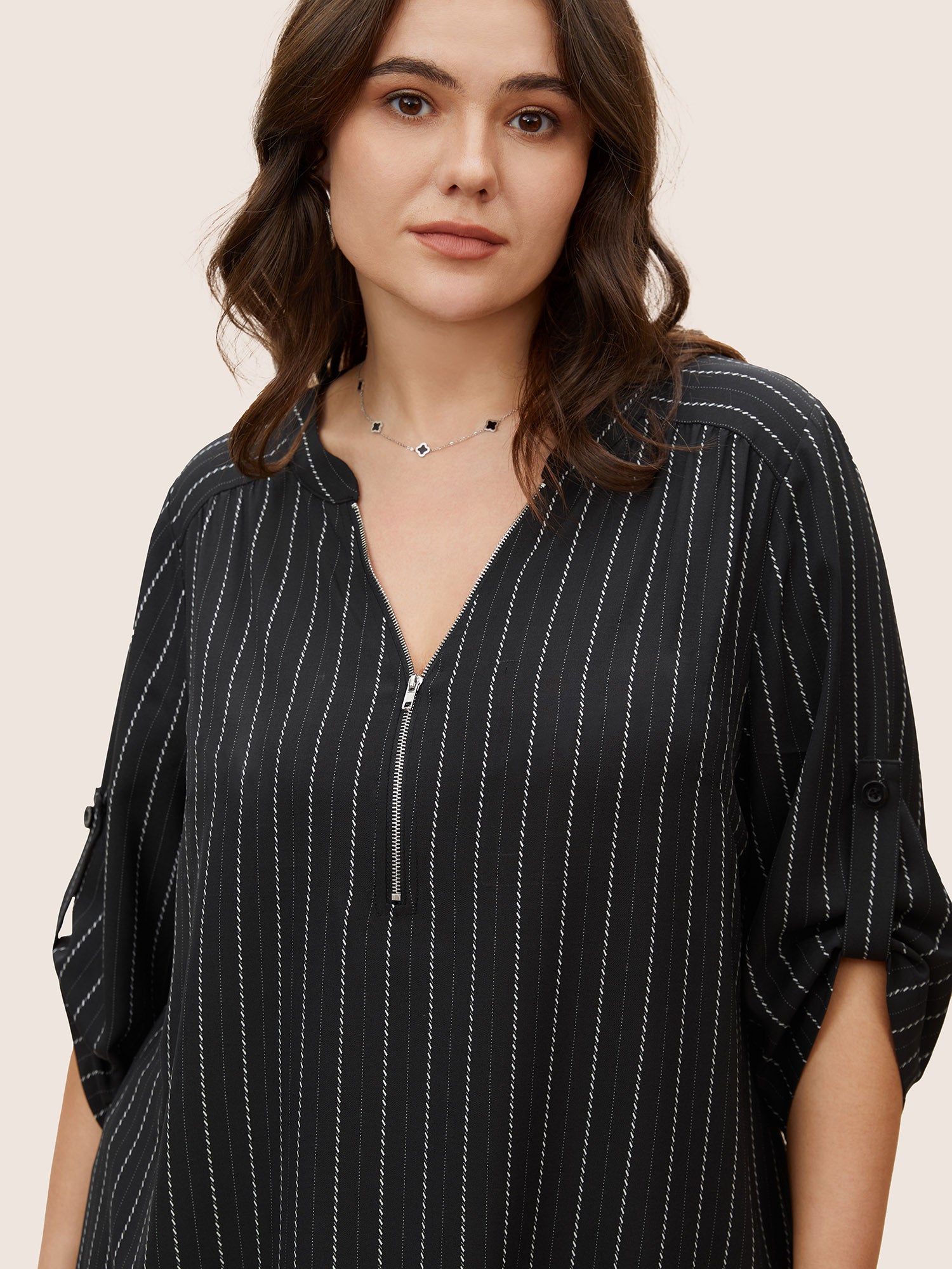 Striped Half Zip Tab Sleeve Blouse