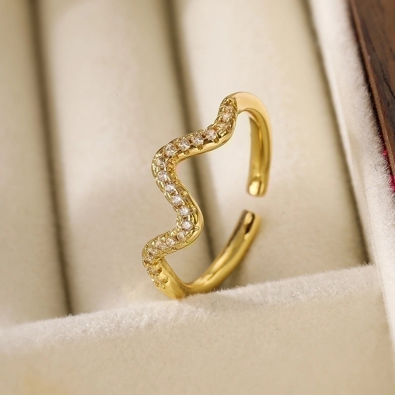 Minimalist Leaves Copper Plating Inlay Zircon 18k Gold Plated Open Rings