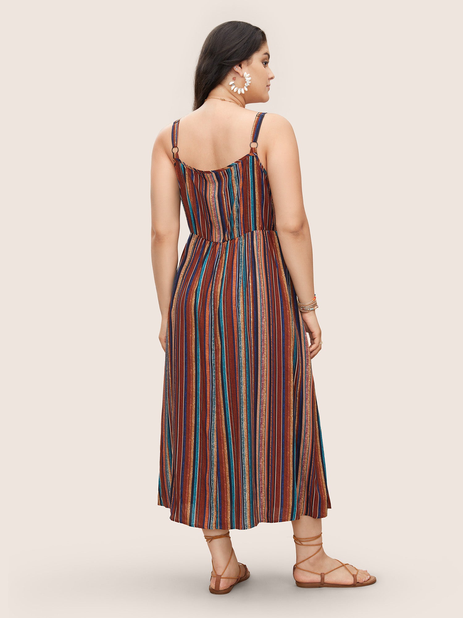 Striped Contrast Pocket Split Ruffle Hem Spaghetti Strap Dress