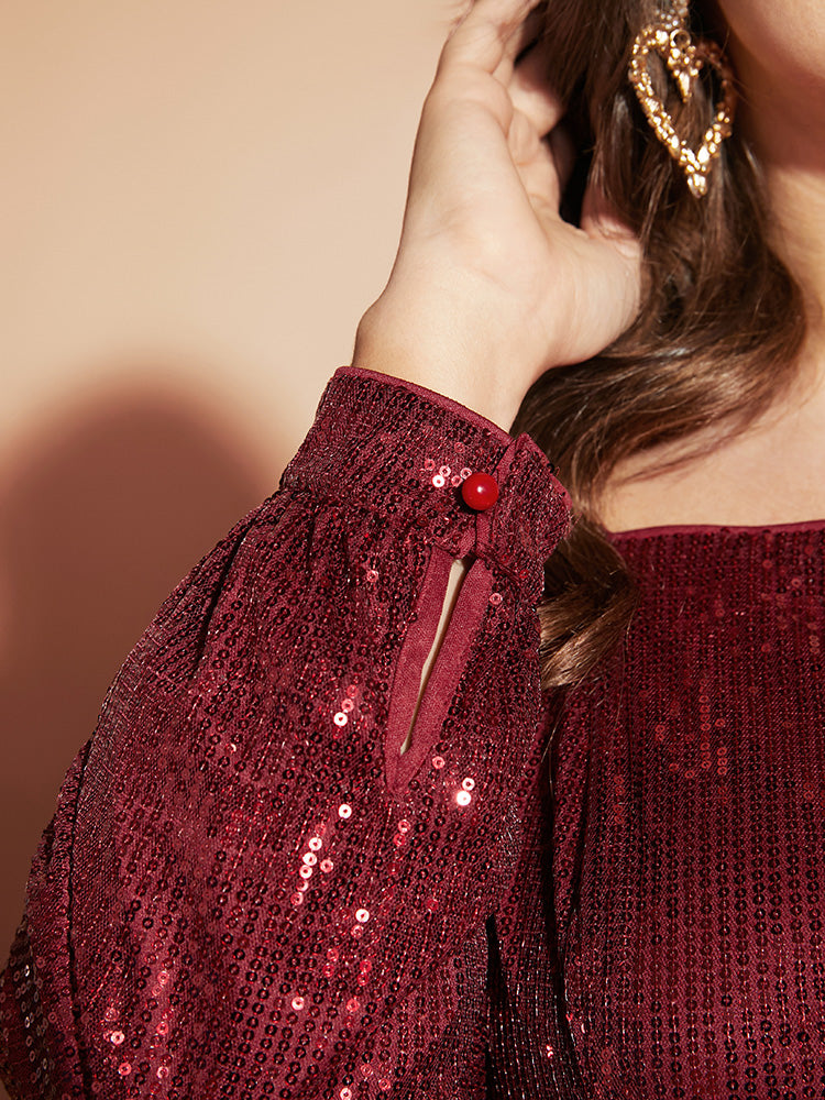 Solid Square Neck Lantern Sleeve Belted Sequin Dress