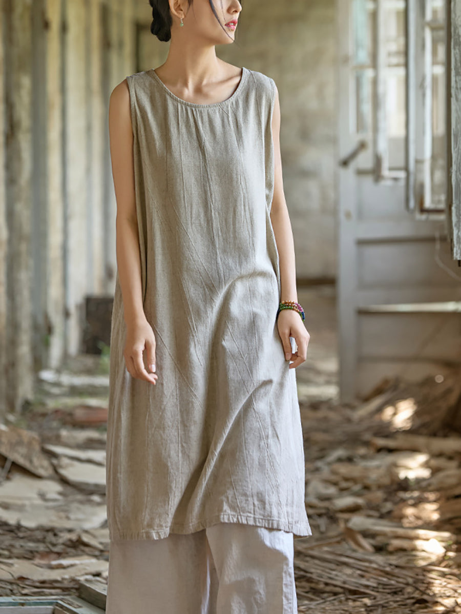 Women Summer Pure Color O-Neck Linen Vest Dress