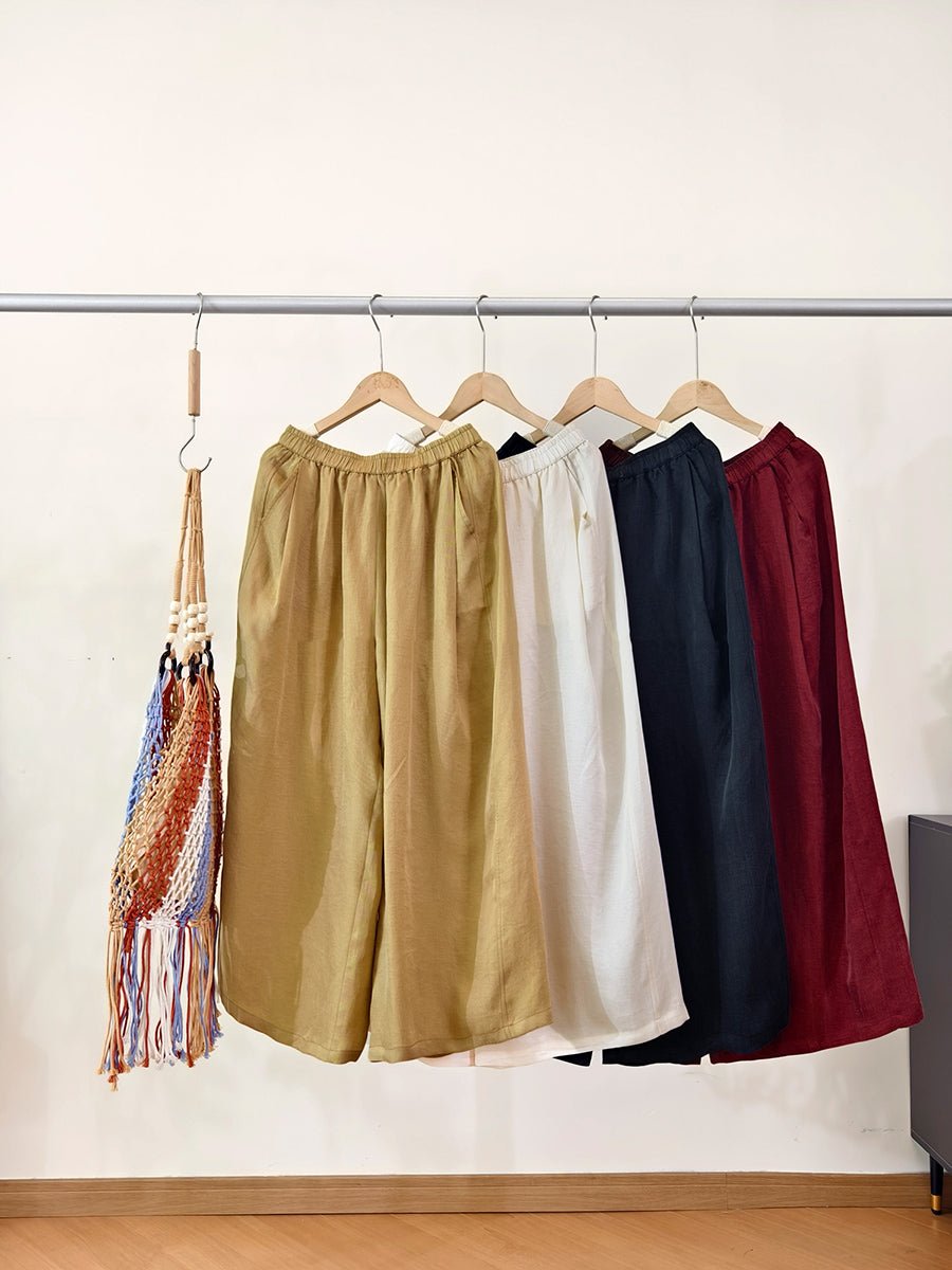 Women Summer Pure Color 100%Linen Wide-leg Cropped Pants