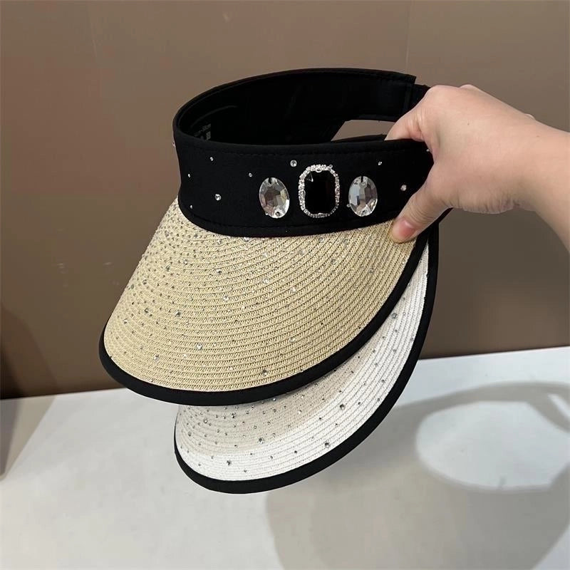 Women's Basic Solid Color Rhinestone Wide Eaves Sun Hat