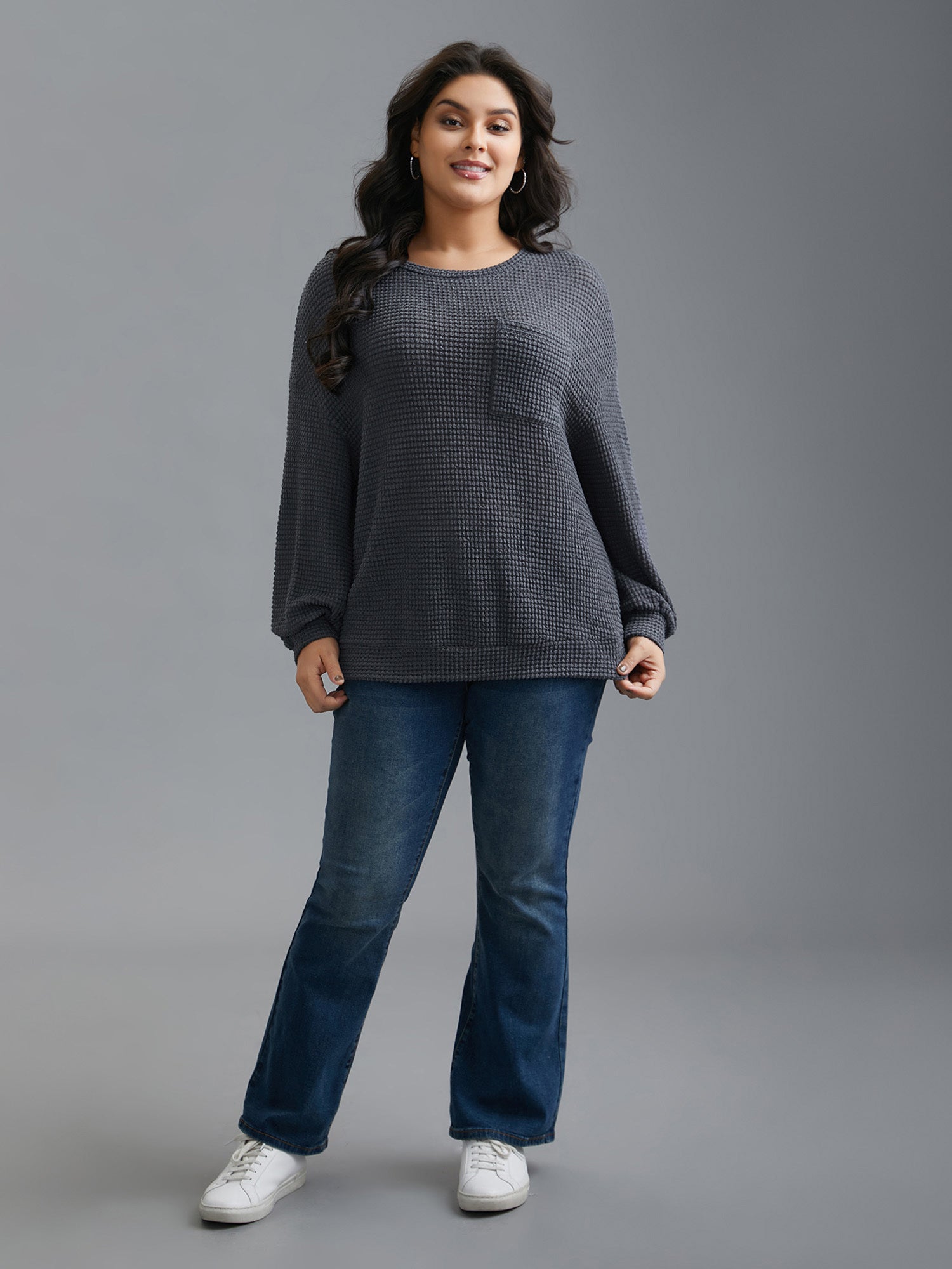 Round Neck Waffle Knit Patched Pocket Top