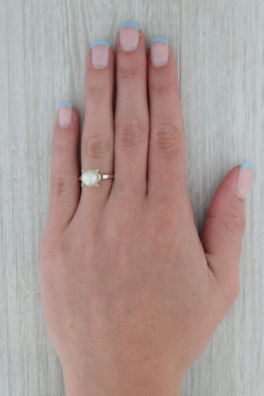 Vintage Cultured Pearl Solitaire Ring 14k White Gold Size 7.75