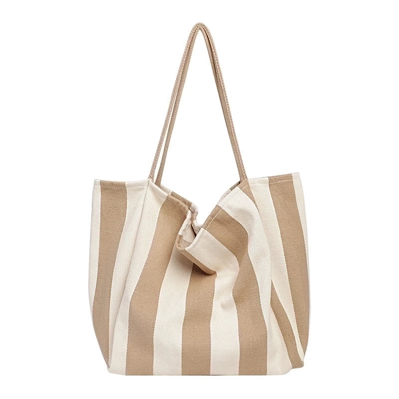 Women's Large Canvas Stripe Basic Classic Style Open Canvas Bag