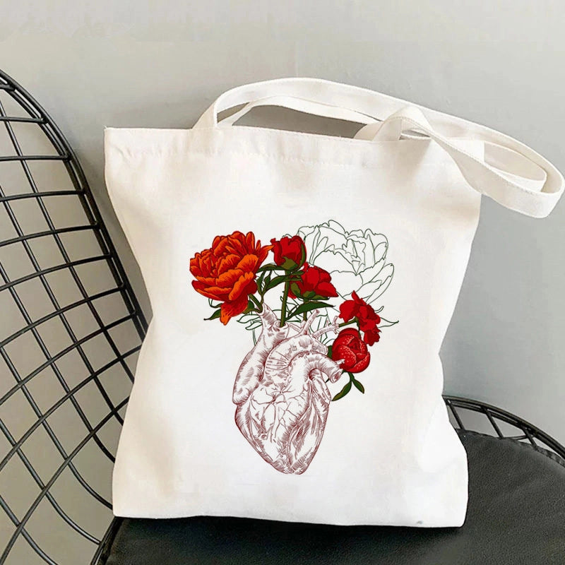Women's Large Canvas Portrait Letter Flower Streetwear Square Open Shoulder Bag