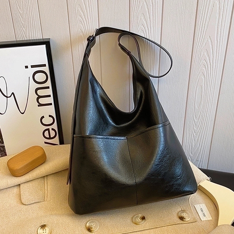 Women's Pu Leather Solid Color Classic Style Bucket Zipper Shoulder Bag