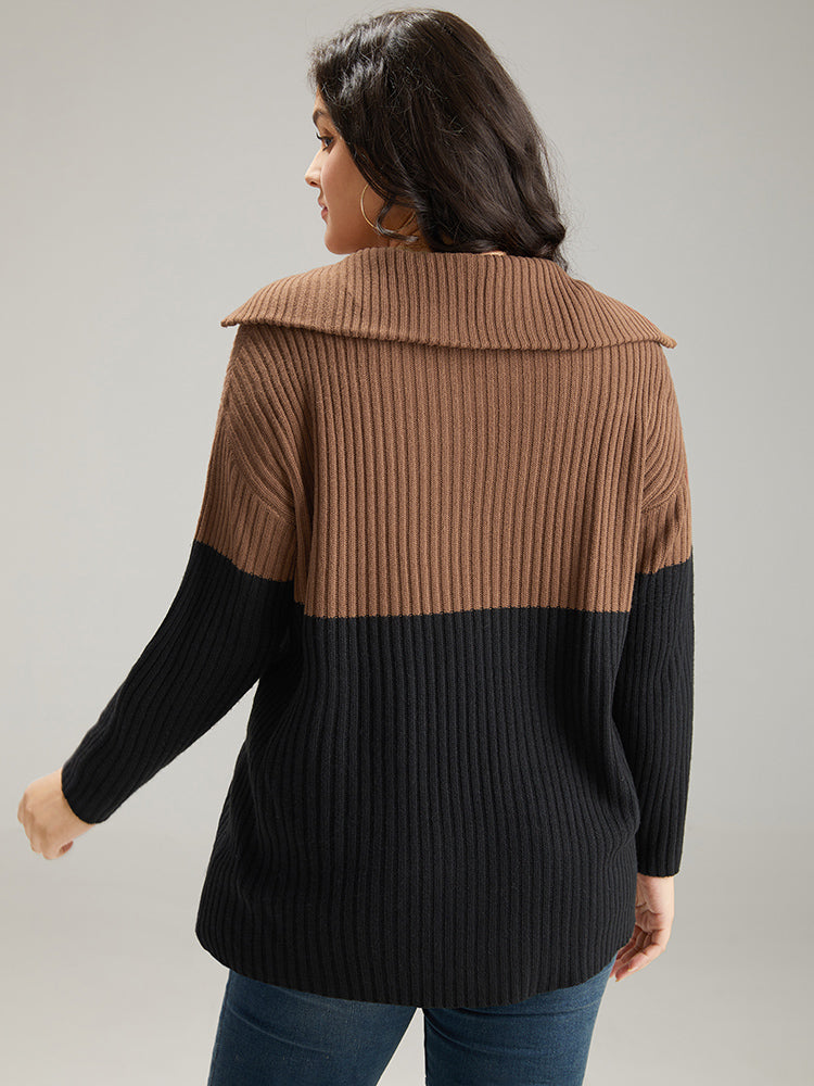 Colorblock Contrast Half Zip Lapel Collar Pullover