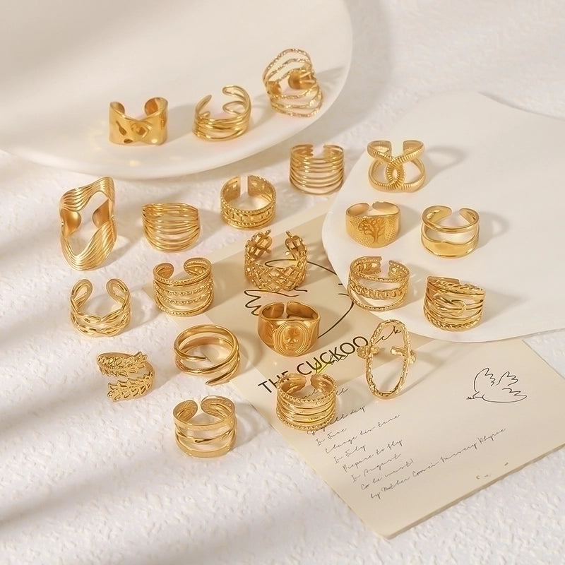 2 Pieces Stainless Steel 18K Gold Plated IG Style Basic Minimalist Plating Tree Symbol Lingge Open Rings
