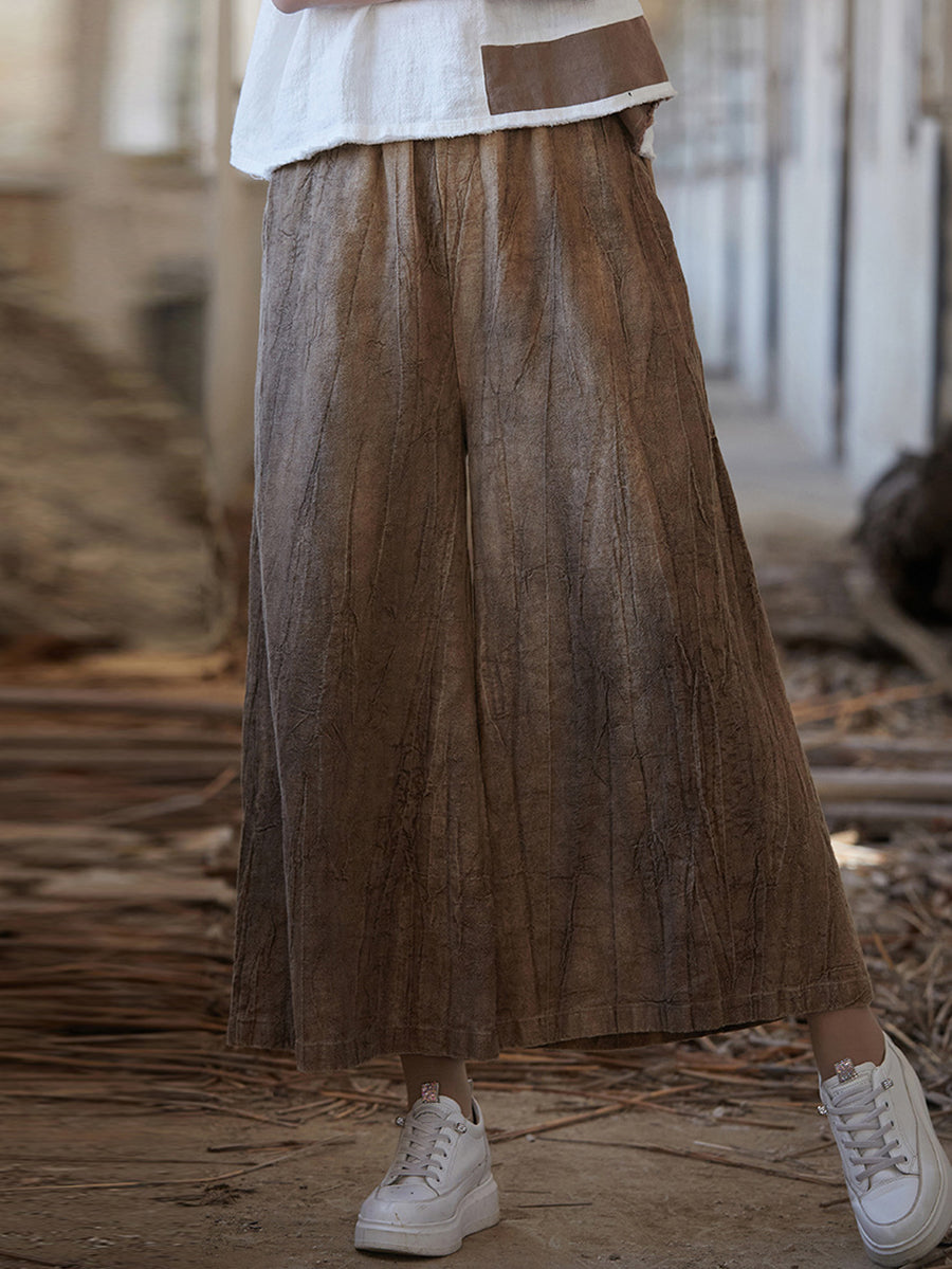 Women Vintage Summer Tie-dye Ramie Wide-leg Pants