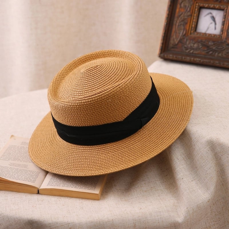 Big Head Straw Hat Women's Flat Top Hat Flat Brim Sunshade Hat Fashionable Women's Straw Sun Hat Showing Small Face