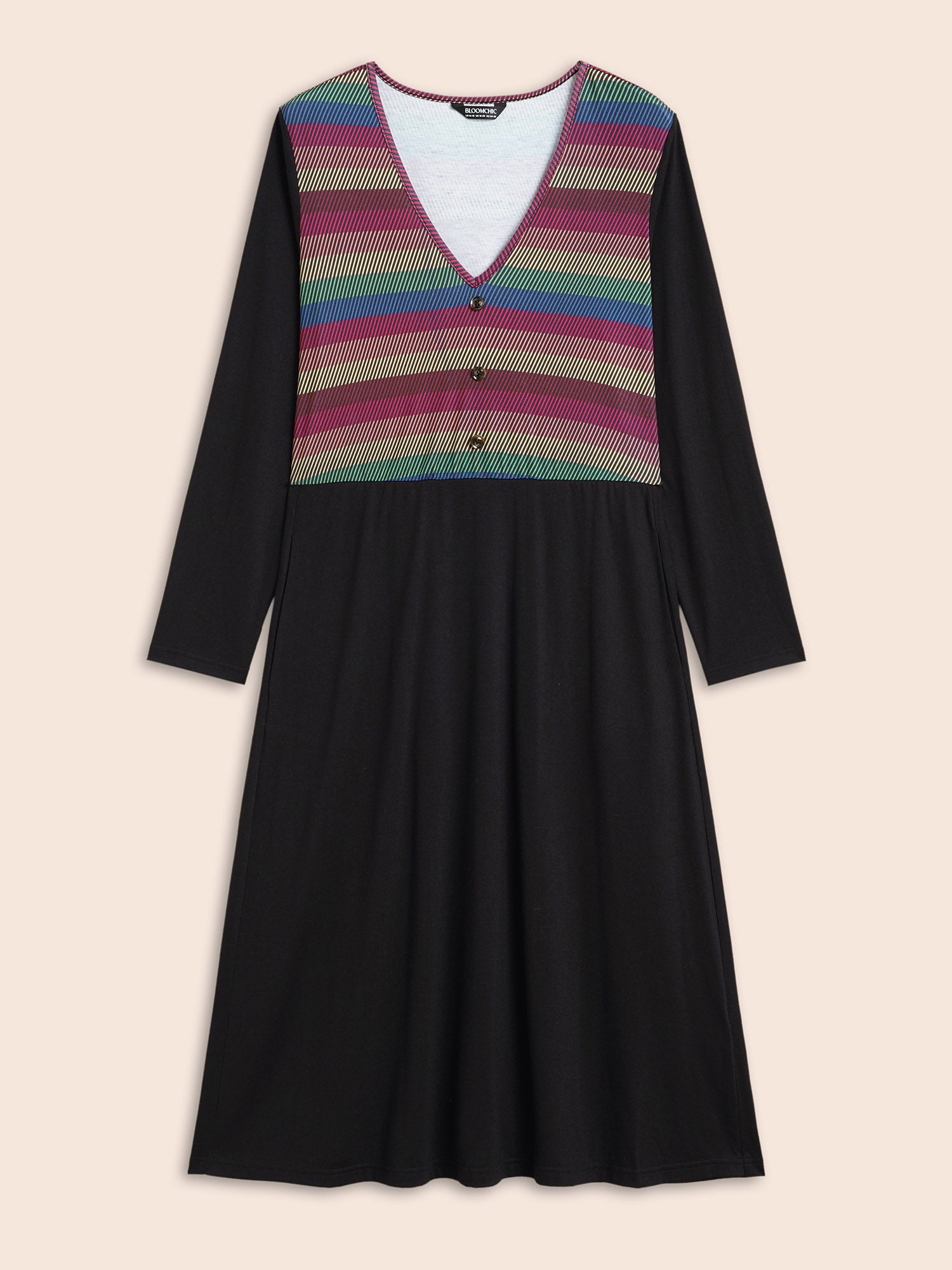 Contrast Striped Button Detail Midi Dress