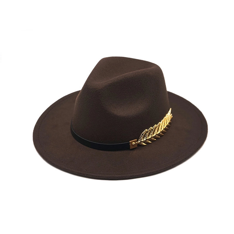 Style Fish Bone Gold Leaf Wool Gentleman Hat Large Brim Felt Hat Jazz Big Maple Leaf Imitation Wool Hat
