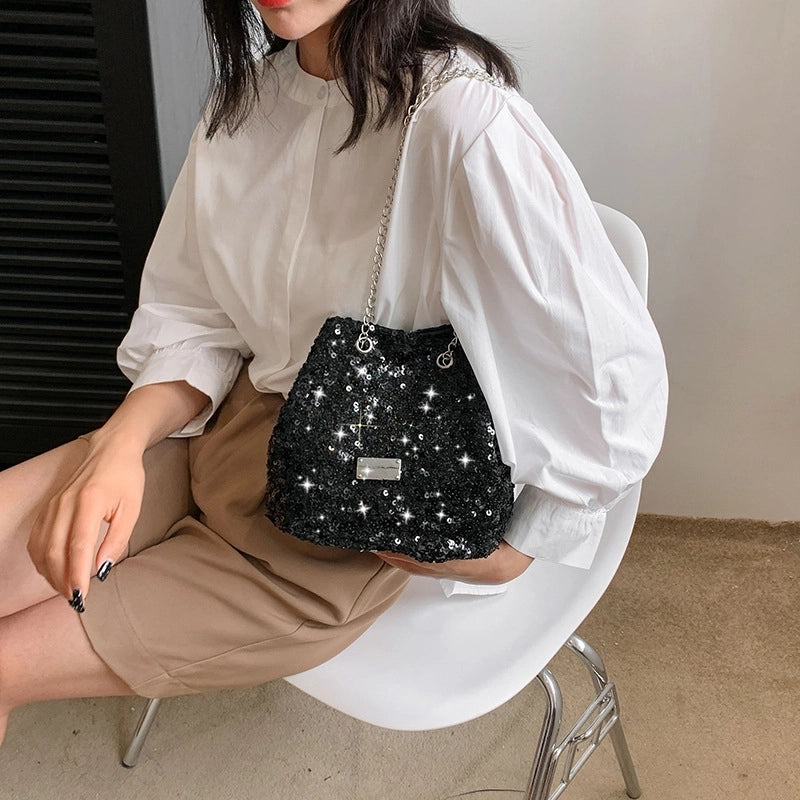 Women's Medium Sequin Solid Color Streetwear Bucket String Bucket Bag