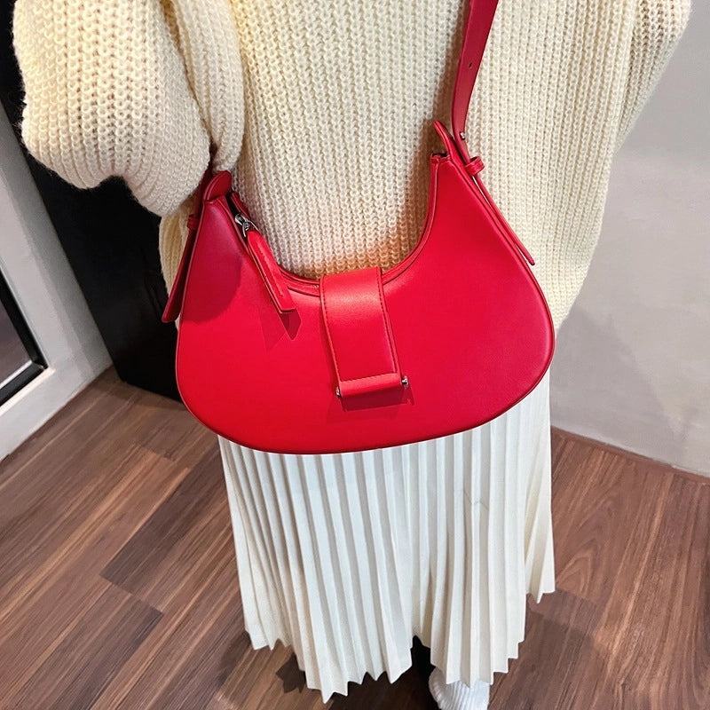 Women's Pu Leather Solid Color Classic Style Sewing Thread Dumpling Shape Zipper Buckle Shoulder Bag