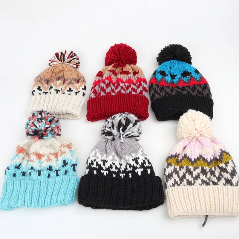 Unisex Retro Ethnic Style Color Block Pom Poms Eaveless Wool Cap