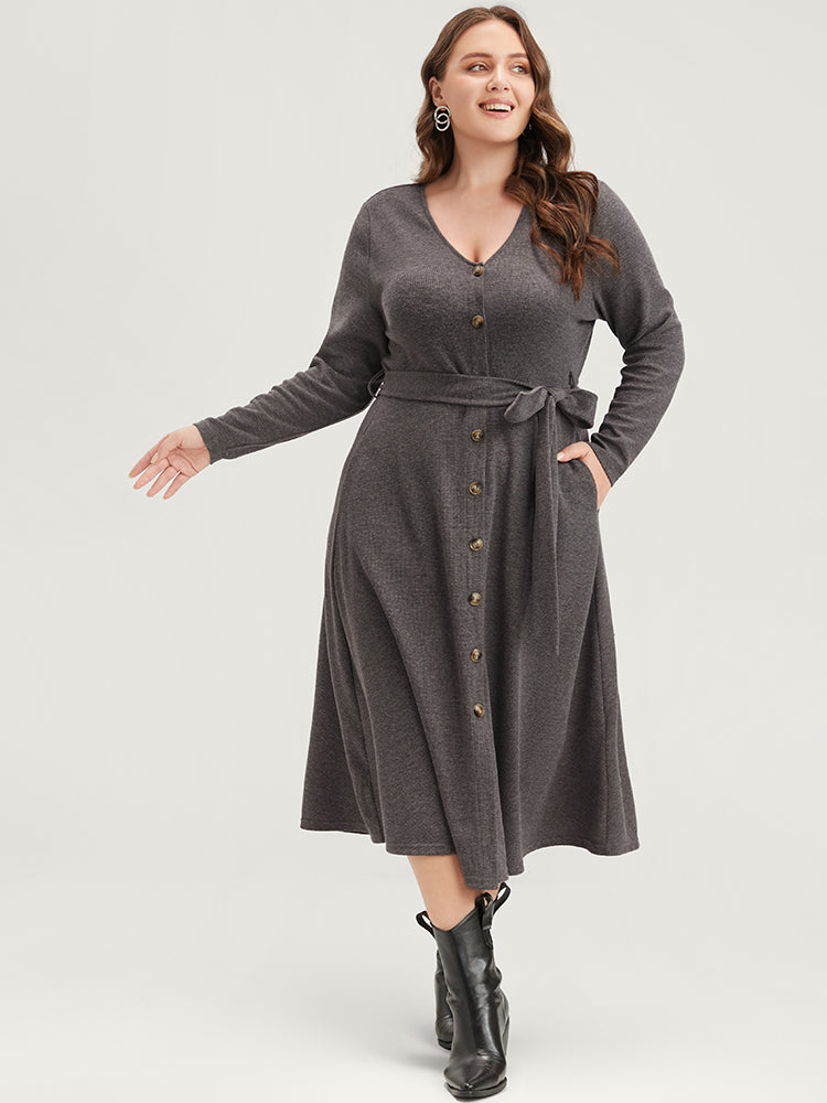 Solid Pocket Button Up Belted Rib Knit Dress